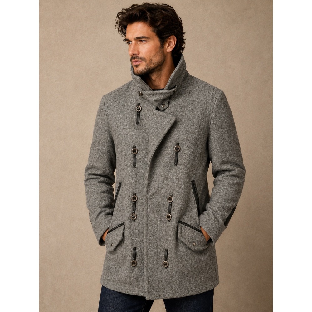 Krane Men Coat 42 Grey Wool Leather Trim Military Peacoat Quilted Lining